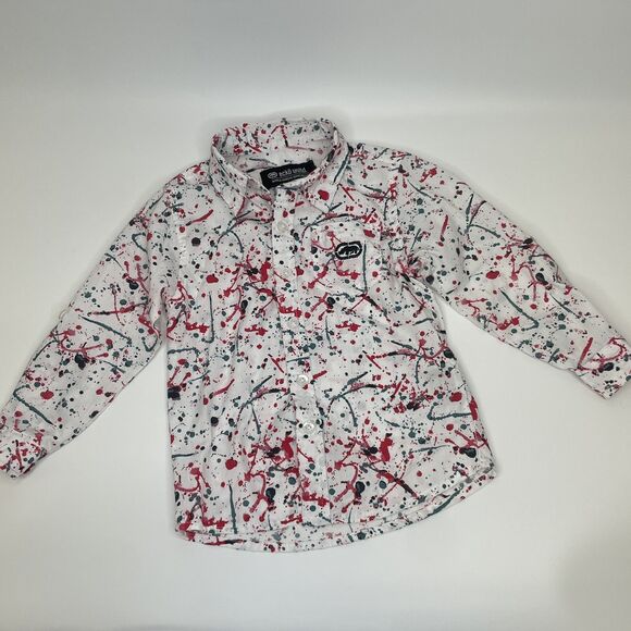 Ecko Long Sleeve Button Down Shirt Boys 4T White Red Blue Splatters Cool Funky - Picture 1 of 13